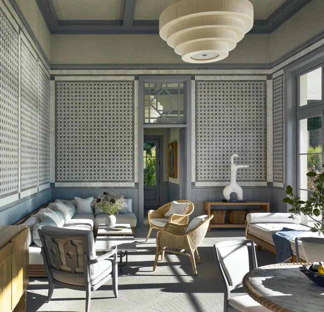 This pool cabana reinterprets Morrocan influences through an American lens. Walls clad in handcrafted Morrocan tile set the tone, while French, mid-century Scandinavian, and contemporary furnishings come together in a layered composition that feels sophisticated, relaxed, and effortlessly livable. 

As seen in @luxemagazine May/June 2026

Built by @sbphomes 
Architecture: @mitchell_studio 
Interior Design: @dkda 
Landscape Architecture: @hoblynandco 
Photography: @petermurdock_photo 

#coastalhome #luxemagazine #sbphomes